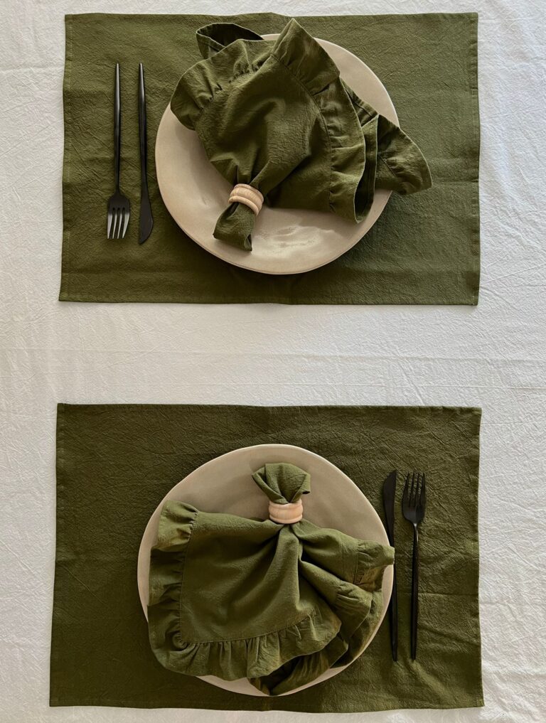 ȘERVETE DIN  BUMBAC PRESPĂLAT CU VOLĂNAȘE - OLIVE GREEN (SET DE 2) - imagine 2